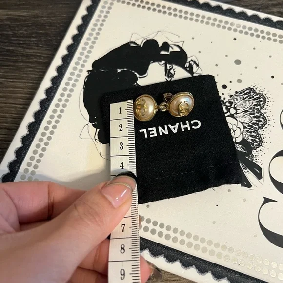 Chanel Vintage Gold CC Logo Faux Pearl Dangle Clip On Earrings